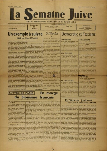 La Semaine Juive : Organe hebdomadaire d'éducation et de défense juive. N° 47 (13 janvier 1939)